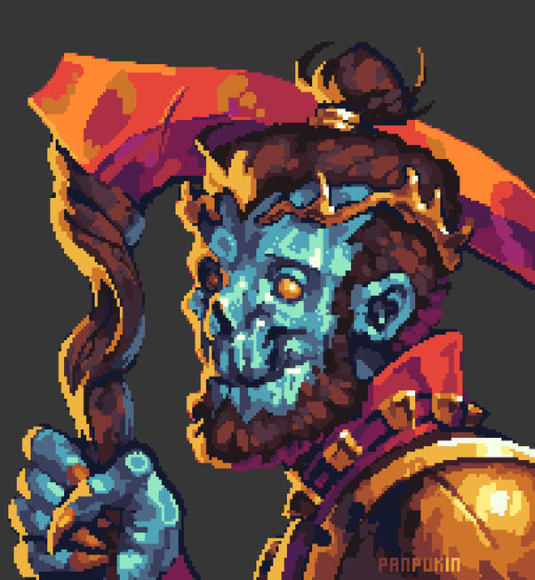 A more or less mindlessly pixeled piece, depicting something reminiscent of a Draugr. I have a speedpaint of his full process linked further down! A more or less mindlessly pixeled piece, depicting something reminiscent of a Draugr. I have a speedpaint of his full process linked further down!